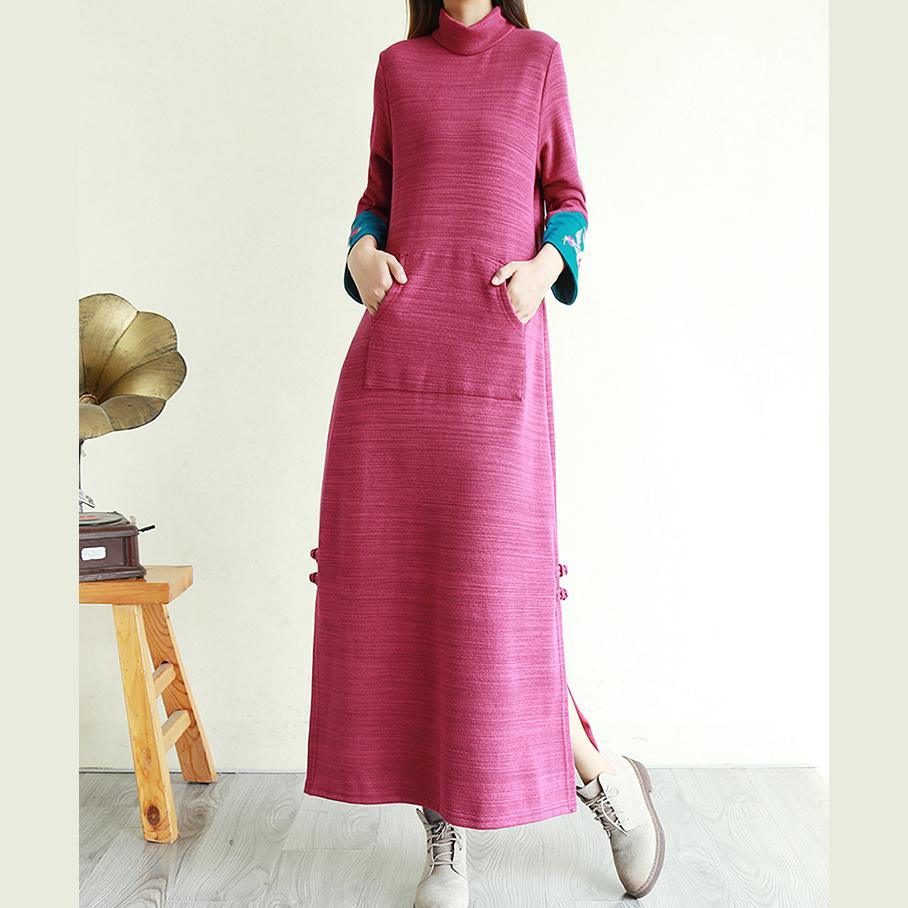 Elegant side open cotton patchwork sleeve tunic pattern Work light purple long Dresses - Omychic