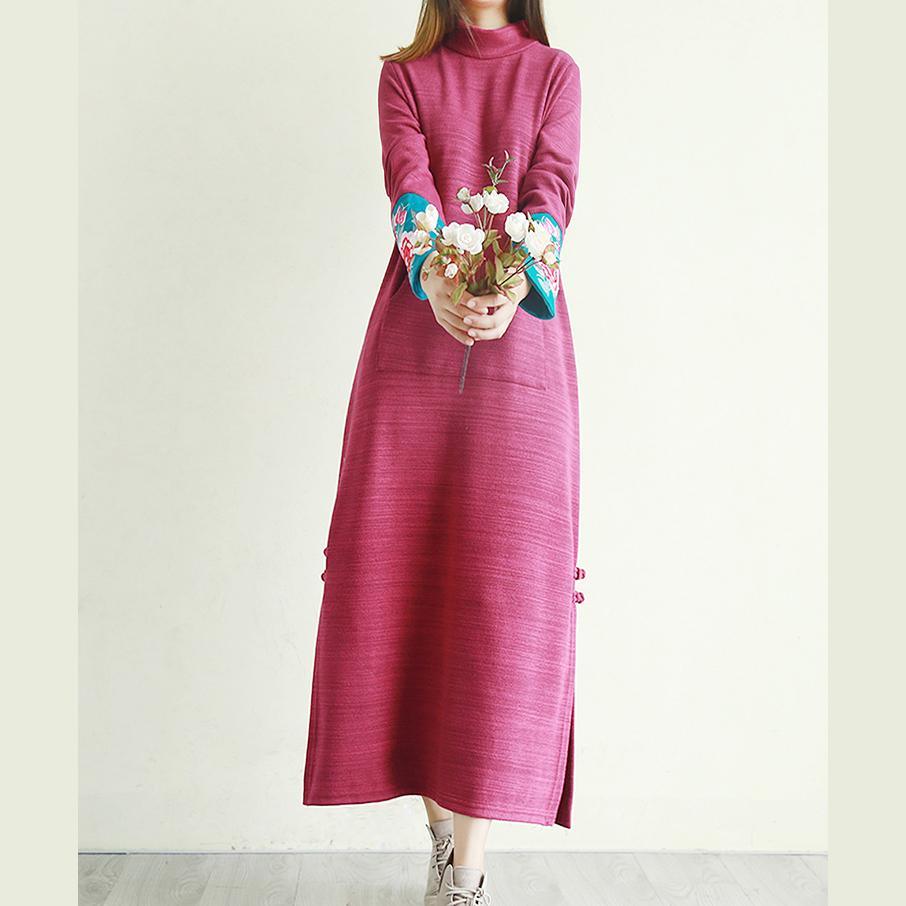 Elegant side open cotton patchwork sleeve tunic pattern Work light purple long Dresses - Omychic