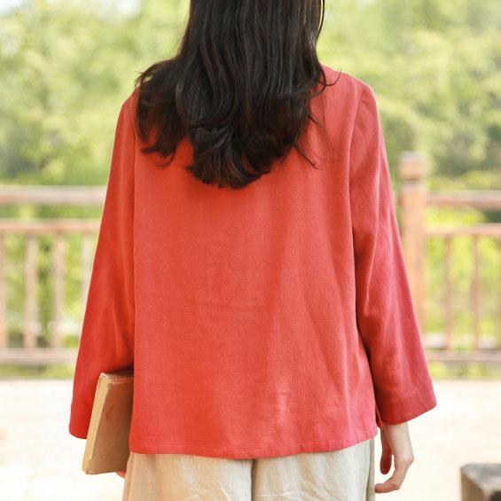Elegant side open linen Blouse Work red blouses fall - Omychic