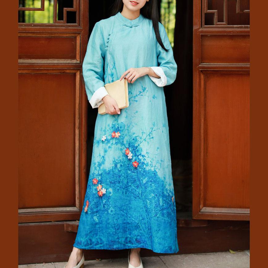 Elegant side open linen outfit Cotton blue prints Dress fall - Omychic