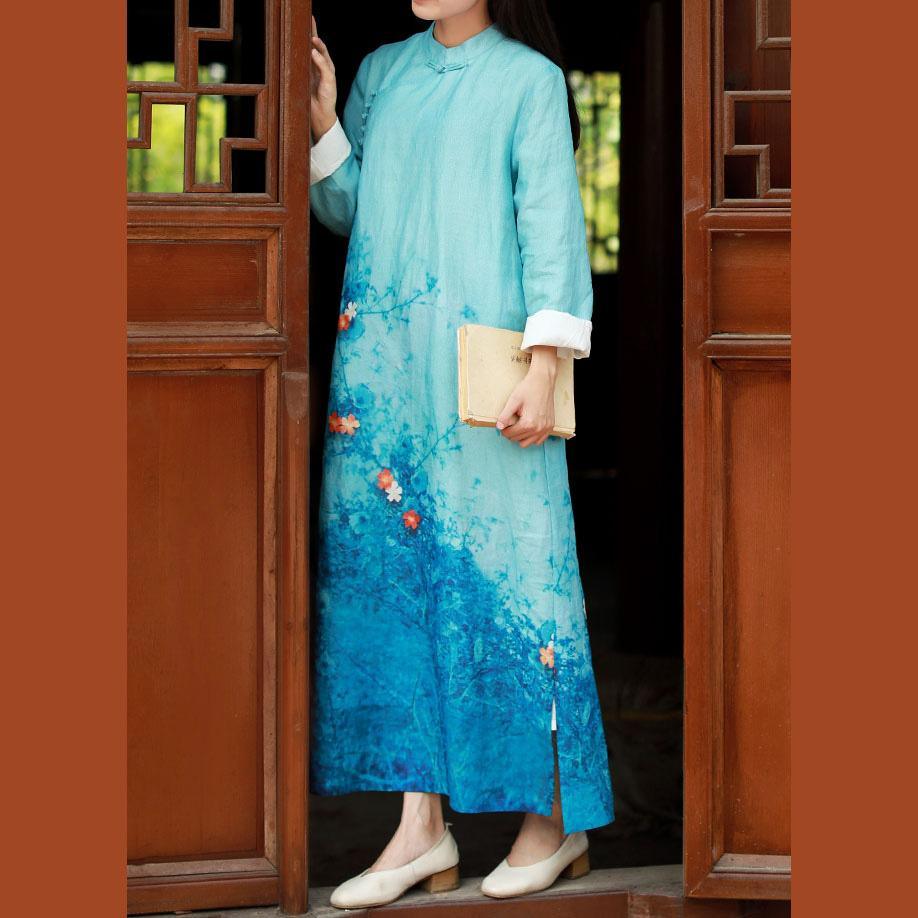 Elegant side open linen outfit Cotton blue prints Dress fall - Omychic