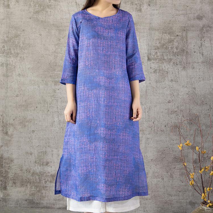 Elegant side open linen outfit Photography blue Dress summer - Omychic