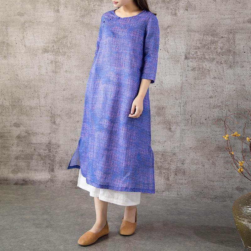 Elegant side open linen outfit Photography blue Dress summer - Omychic