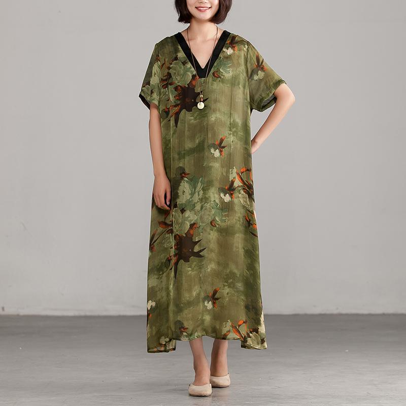 Elegant silk blended maxi dress trendy plus size Green V neck Printing Loose Casual Dress - Omychic