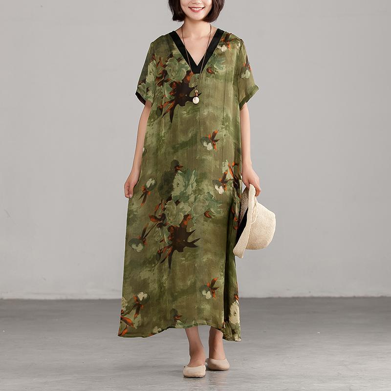 Elegant silk blended maxi dress trendy plus size Green V neck Printing Loose Casual Dress - Omychic