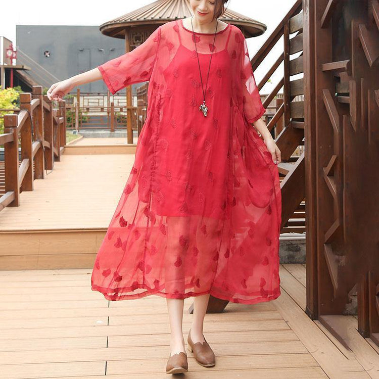 Elegant silk dresses plus size clothing Embroidery Round Neck Half Sleeve Casual Red Dress - Omychic