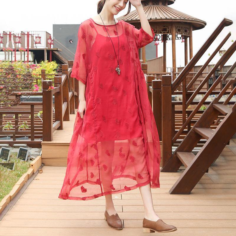Elegant silk dresses plus size clothing Embroidery Round Neck Half Sleeve Casual Red Dress - Omychic