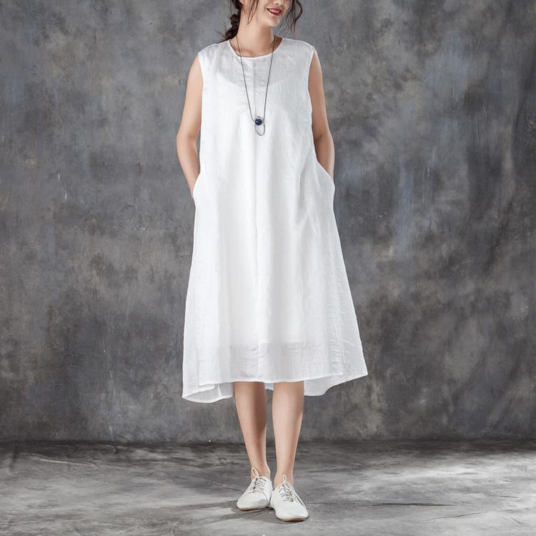 Elegant silk linen cotton dresses casual Women Round Neck Sleeveless Lining White Dress - Omychic