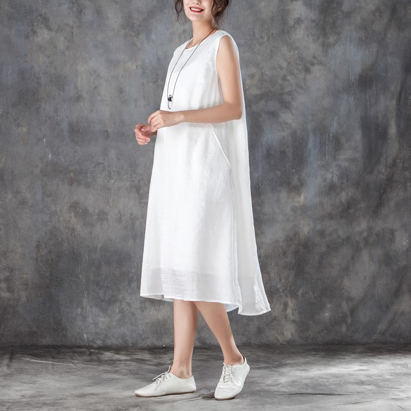 Elegant silk linen cotton dresses casual Women Round Neck Sleeveless Lining White Dress - Omychic