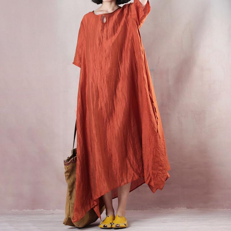 Elegant silk linen dresses oversize Loose silk Linen Solid Color O Neck Short Sleeve Dress - Omychic