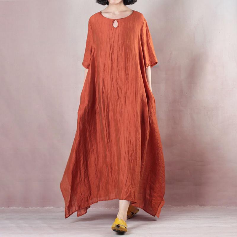 Elegant silk linen dresses oversize Loose silk Linen Solid Color O Neck Short Sleeve Dress - Omychic