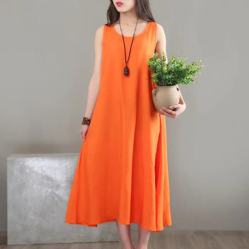 Elegant Sleeveless O Neck Cotton Quilting Clothes Photography Orange A Line Dress Sundress ( Limited Stock) - Omychic
