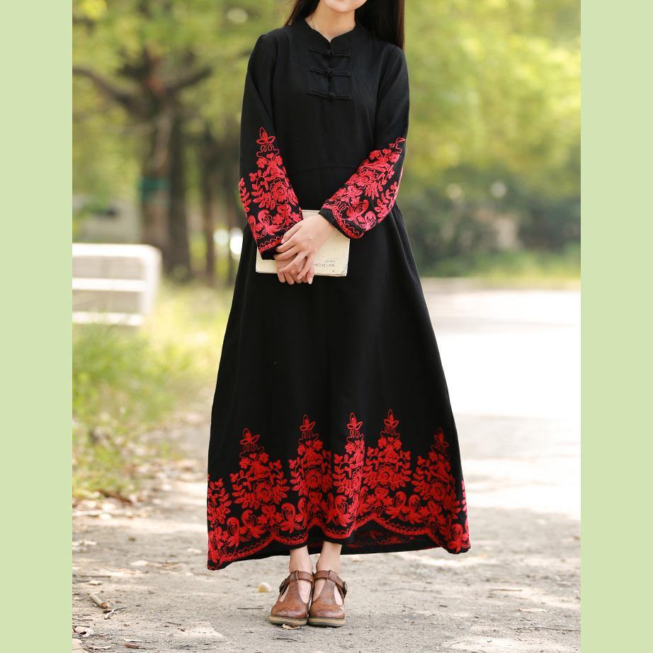 Elegant stand collar cotton clothes For Women Wardrobes black embroidery loose Dresses fall - Omychic