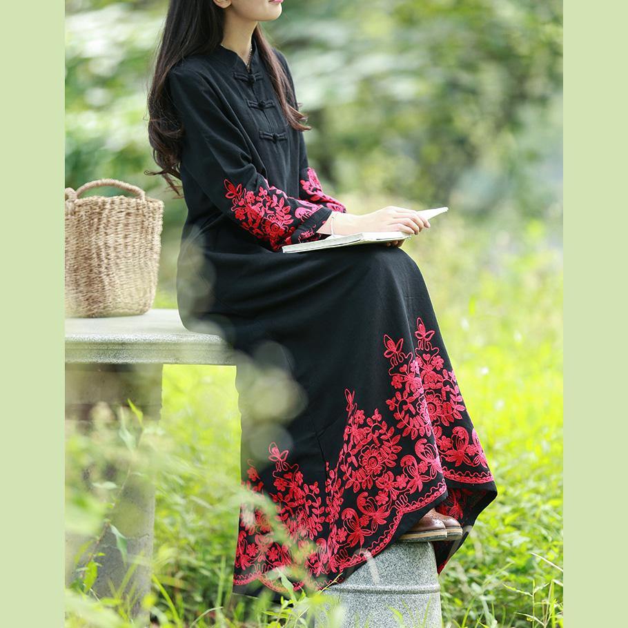 Elegant stand collar cotton clothes For Women Wardrobes black embroidery loose Dresses fall - Omychic