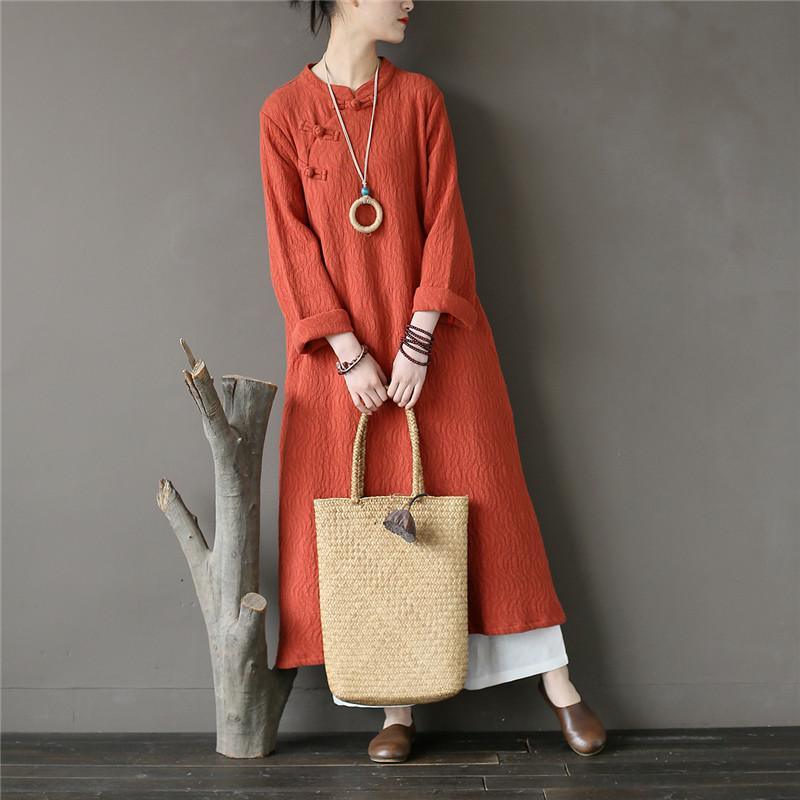 Elegant stand collar cotton spring tunic Tops orange jacquard Art Dresses - Omychic
