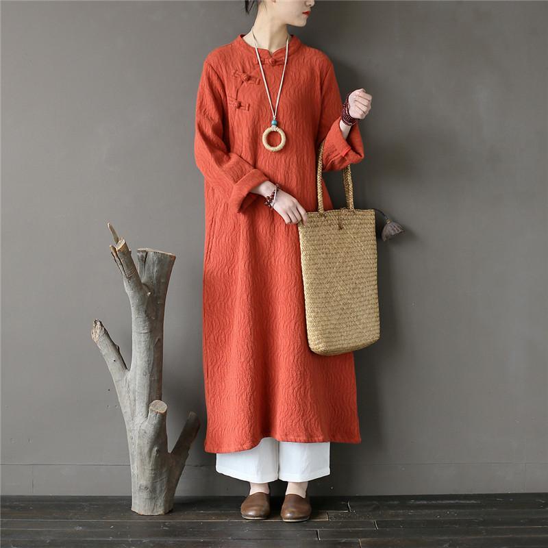 Elegant stand collar cotton spring tunic Tops orange jacquard Art Dresses - Omychic