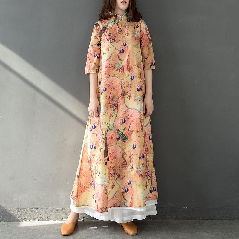 Elegant stand collar linen clothes Wardrobes orange prints Dress summer - Omychic