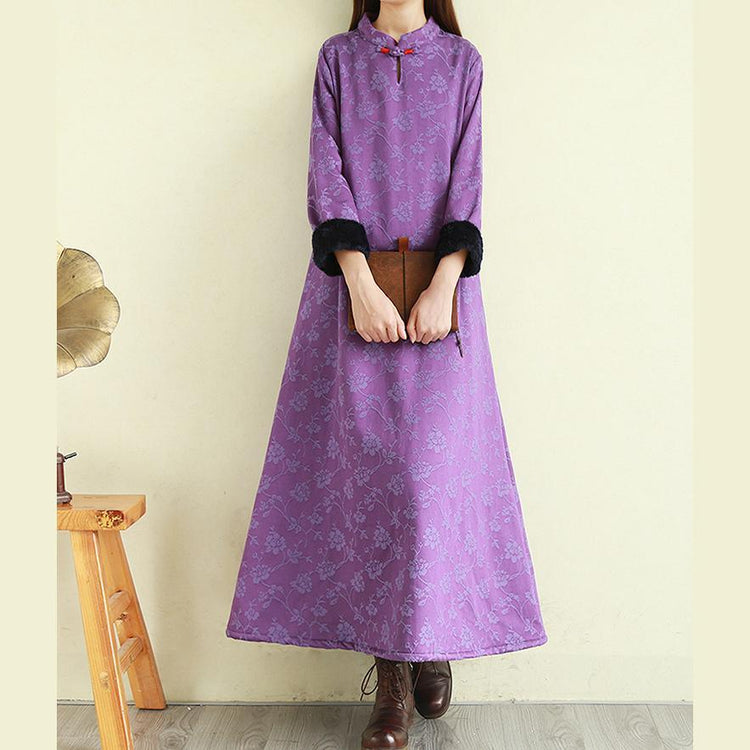 Elegant stand collar linen winter Robes Shape purple Dress - Omychic