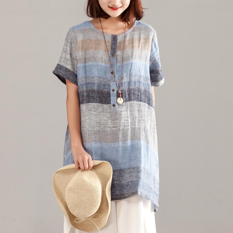 Elegant summer linen tops casual Women Linen Casual Short Sleeve Blue Long Top - Omychic