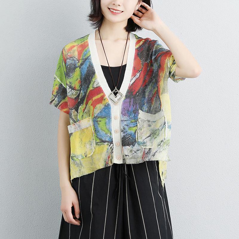 Elegant summer t shirt casual Women High-low Hem Short Sleeve Pockets Floral Tops - Omychic