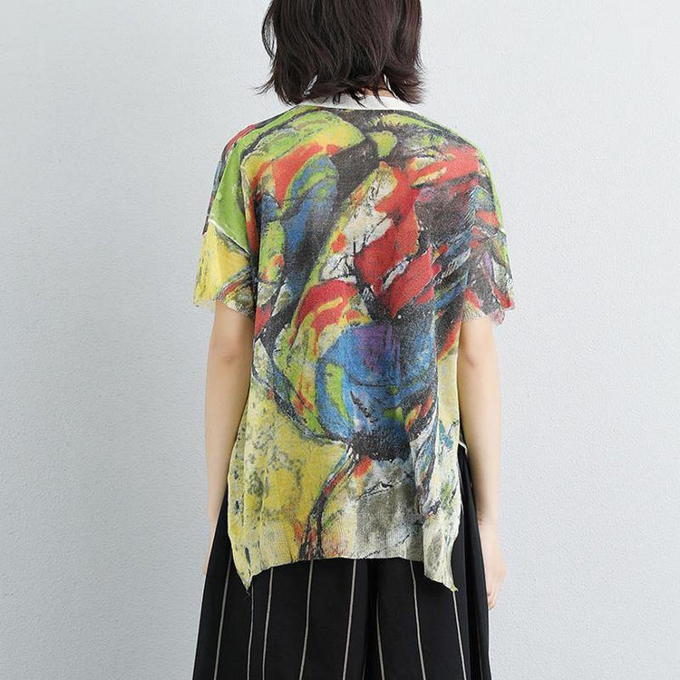 Elegant summer t shirt casual Women High-low Hem Short Sleeve Pockets Floral Tops - Omychic