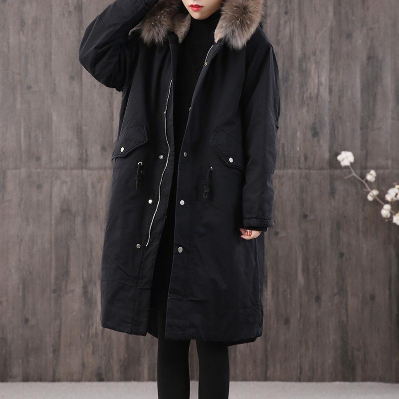 Elegant trendy plus size warm winter coat outwear black faux fur collar pockets women parka - Omychic