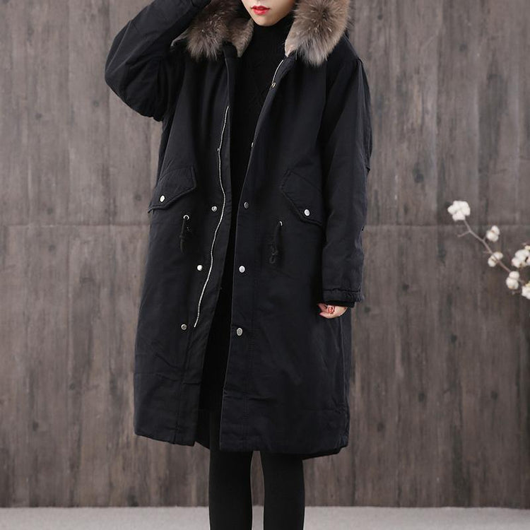 Elegant trendy plus size warm winter coat outwear black faux fur collar pockets women parka - Omychic