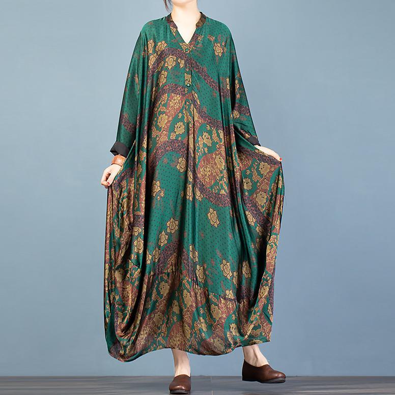 Elegant v neck Batwing Sleeve clothes For Women Inspiration green print Art Dress - Omychic