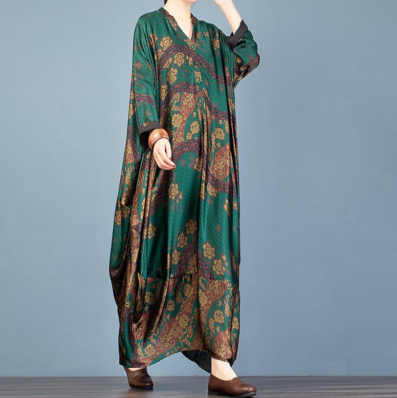 Elegant v neck Batwing Sleeve clothes For Women Inspiration green print Art Dress - Omychic