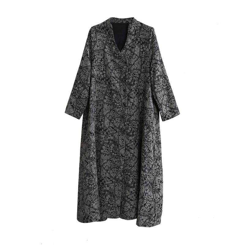 Elegant v neck cotton linen quilting dresses Sleeve gray prints Dress fall - Omychic