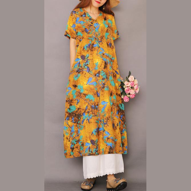 Elegant v neck cotton tunic pattern linen yellow long Dresses summer - Omychic