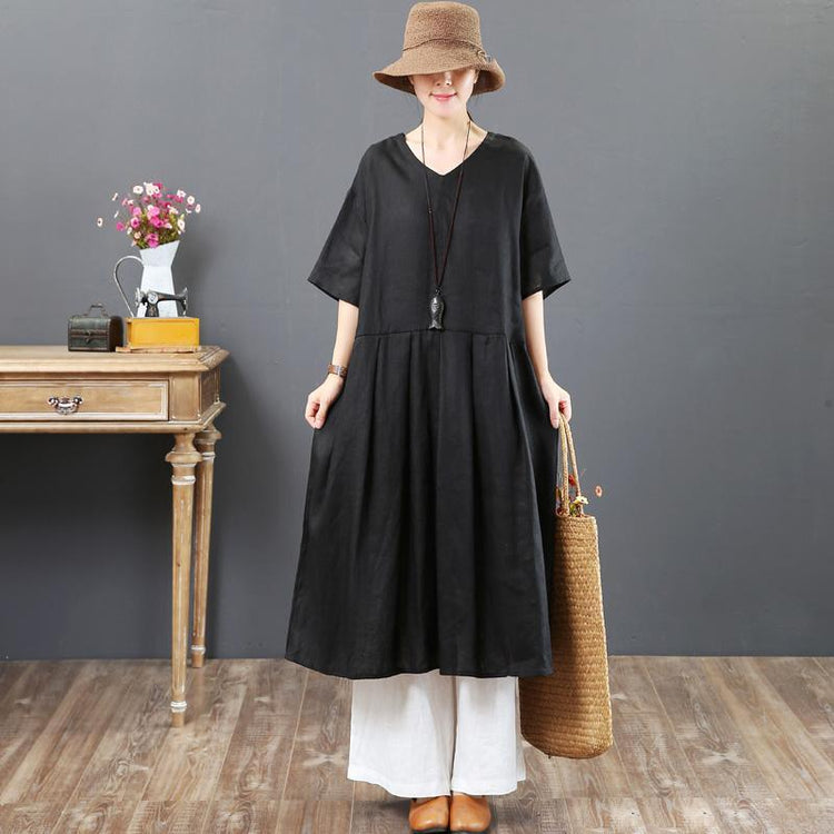 Elegant v neck half sleeve linen Robes Indian Tunic Tops black Robe Dresses Summer - Omychic