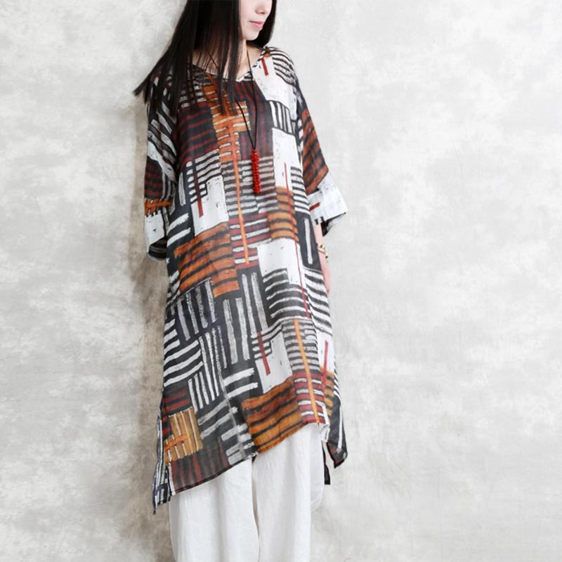 Elegant v neck half sleeve linen dresses Fabrics chocolate striped Dresses summer - Omychic
