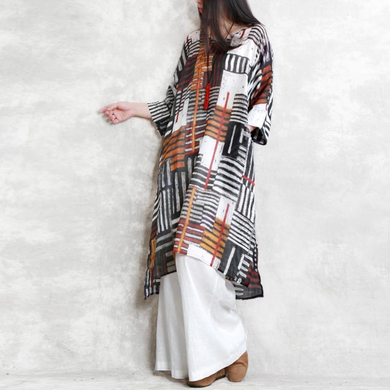 Elegant v neck half sleeve linen dresses Fabrics chocolate striped Dresses summer - Omychic