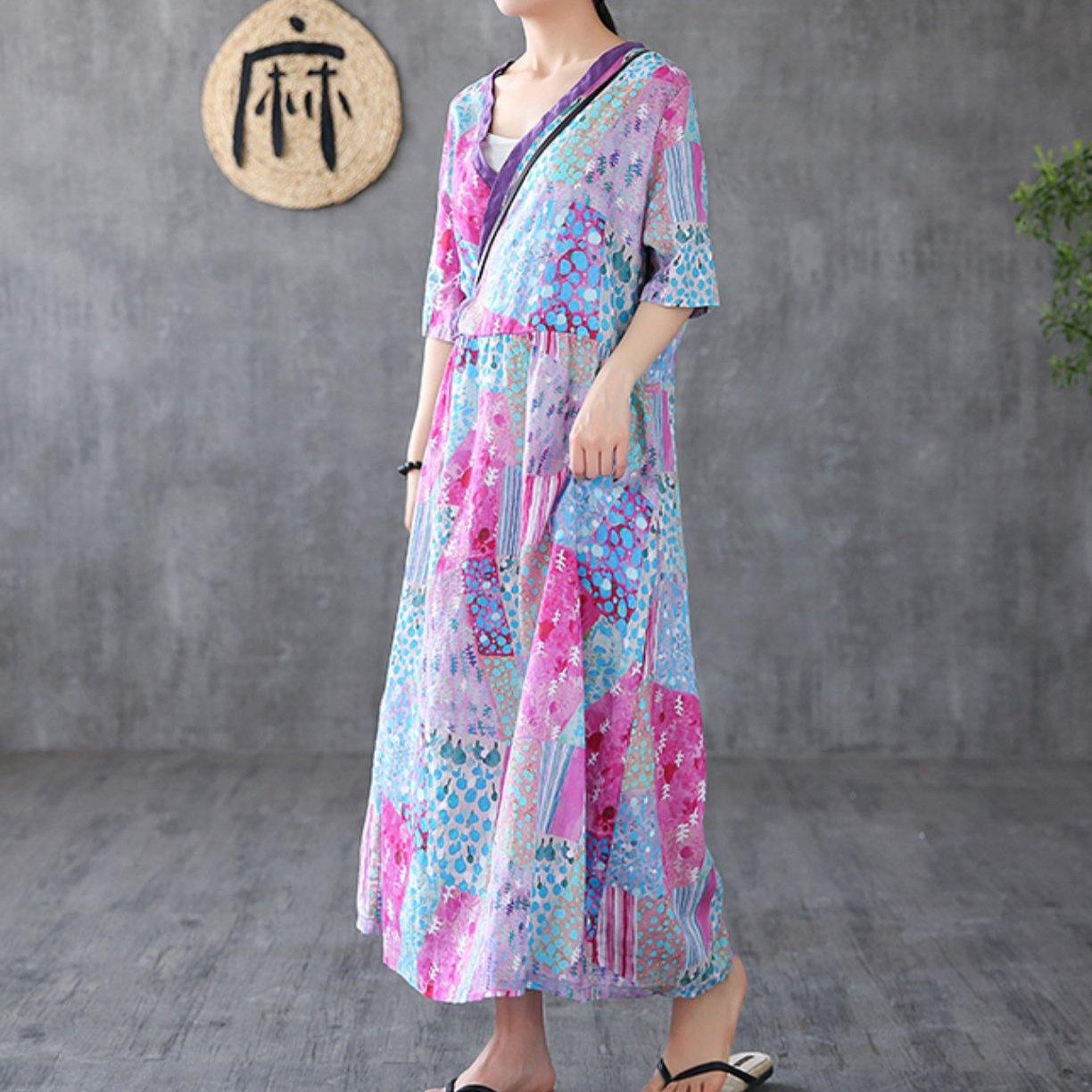 Elegant v neck patchwork linen dresses Tunic Tops light purple print Dress - Omychic