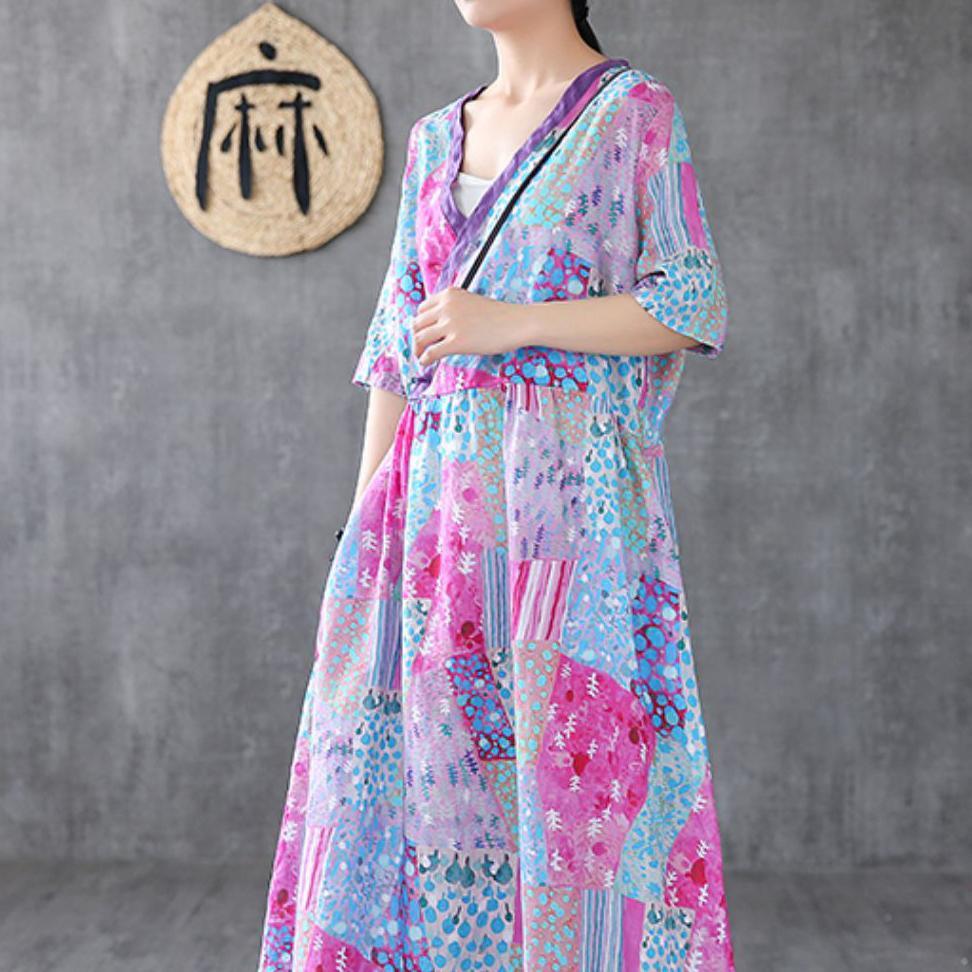 Elegant v neck patchwork linen dresses Tunic Tops light purple print Dress - Omychic