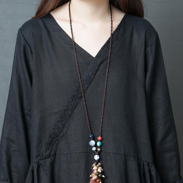 Elegant v neck pockets linen outfit stylish Shape black Kaftan Dresses - Omychic