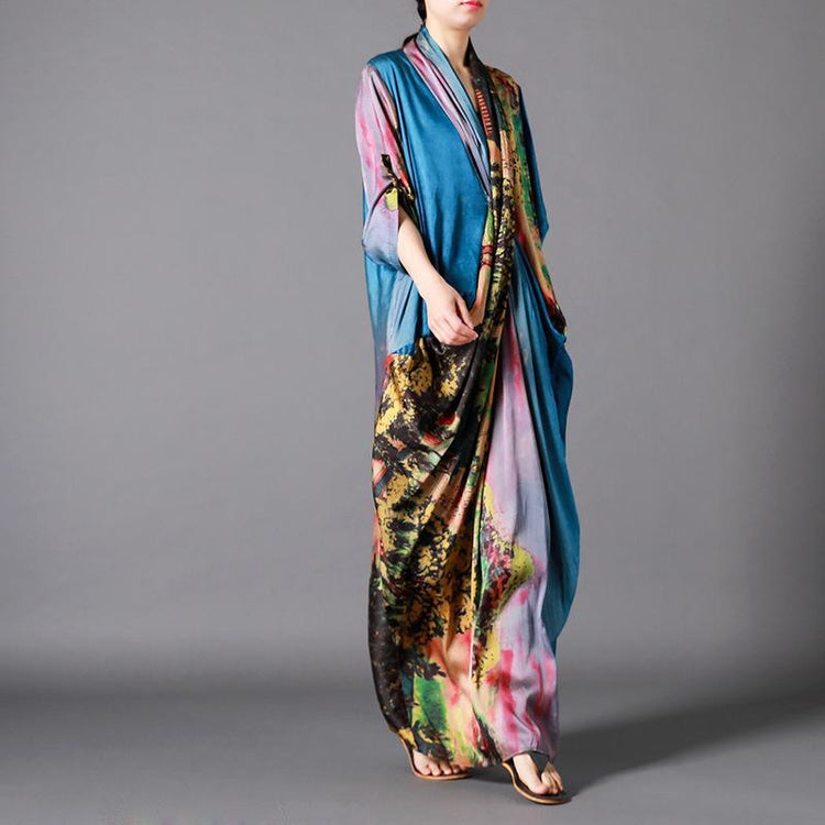 Elegant v neck silk asymmetric clothes Sleeve blue floral Maxi Dresses - Omychic