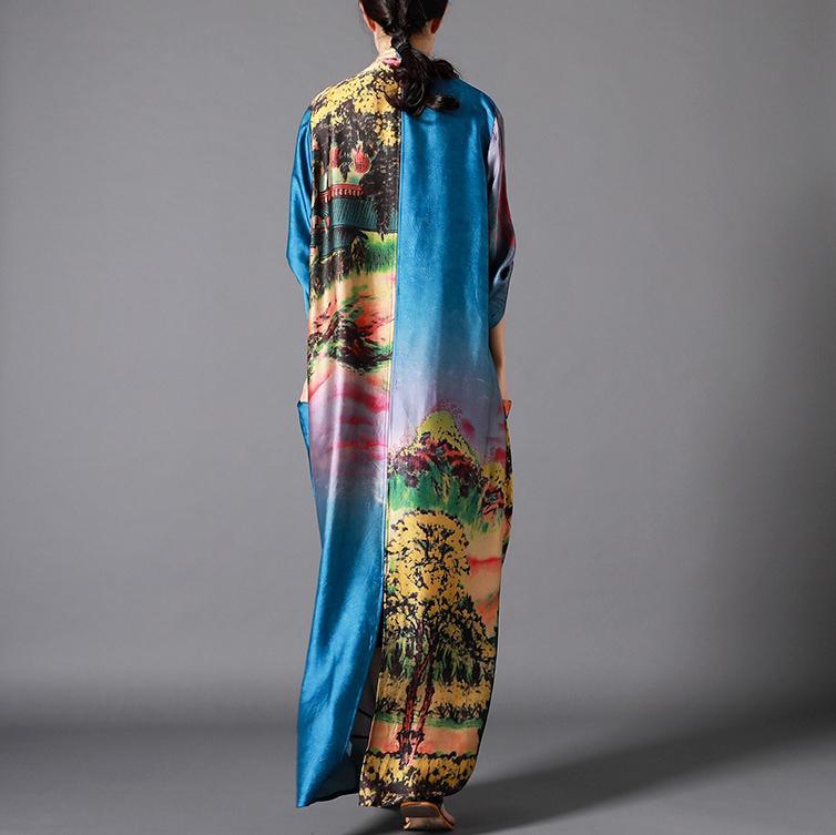 Elegant v neck silk asymmetric clothes Sleeve blue floral Maxi Dresses - Omychic