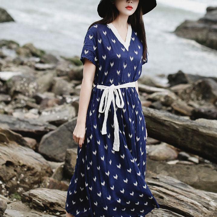 Elegant V Neck Tie Waist Linen Cotton Quilting Clothes Work Outfits Blue Print Dress Summer ( Limited Stock) - Omychic