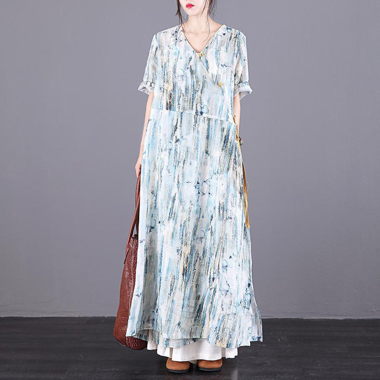Elegant v neck tie waist pockets linen Robes Cotton print Dresses summer - Omychic