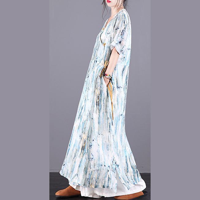 Elegant v neck tie waist pockets linen Robes Cotton print Dresses summer - Omychic