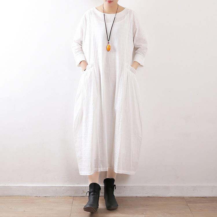 Elegant white cotton linen outfit Fine Neckline loose o neck pockets Dress - Omychic