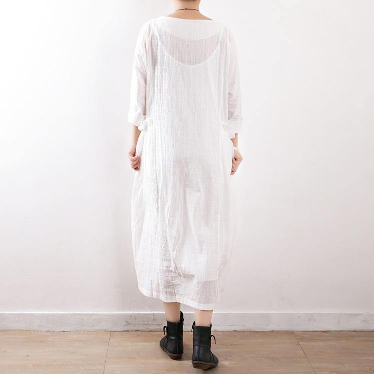 Elegant white cotton linen outfit Fine Neckline loose o neck pockets Dress - Omychic