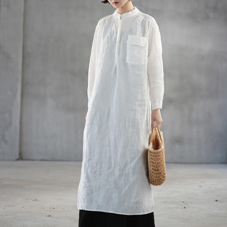 Elegant white natural linen dress Loose fitting stand collar linen clothing dress top quality side open autumn dress - Omychic