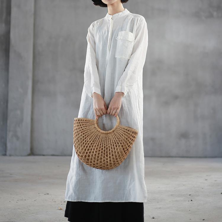 Elegant white natural linen dress Loose fitting stand collar linen clothing dress top quality side open autumn dress - Omychic