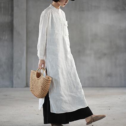 Elegant white natural linen dress Loose fitting stand collar linen clothing dress top quality side open autumn dress - Omychic