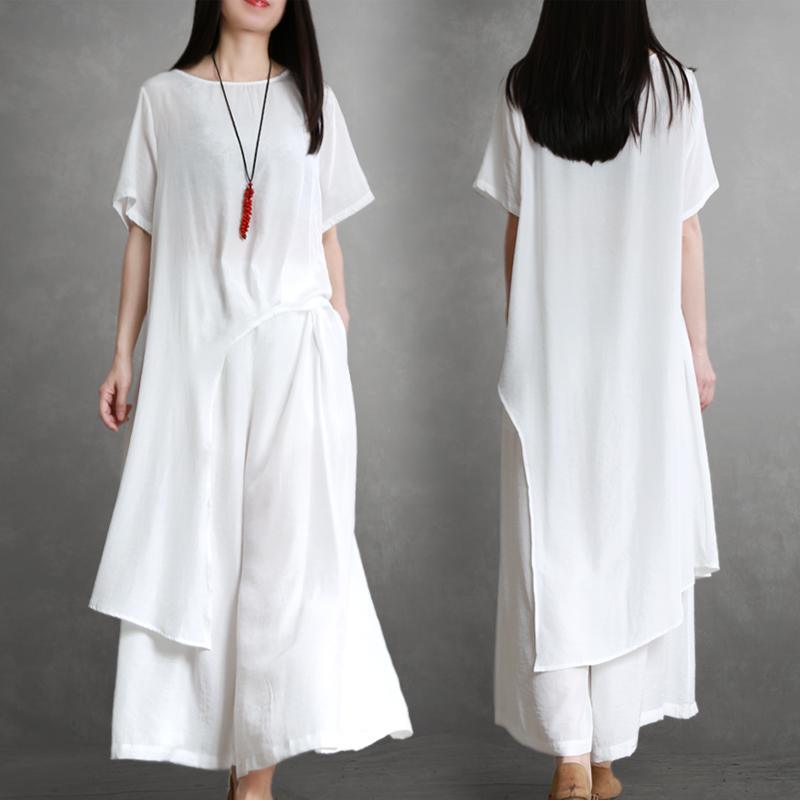 Elegant white silk For Women tops and wide leg pants oversized summer two pieces - Omychic
