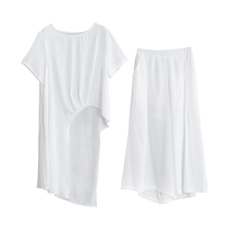 Elegant white silk For Women tops and wide leg pants oversized summer two pieces - Omychic