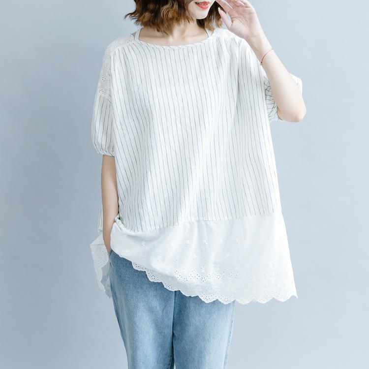 Elegant white striped cotton linen blouse plus size casual cardigans tops quality half sleeve hollow out O neck patchwork cotton linen t shirt - Omychic